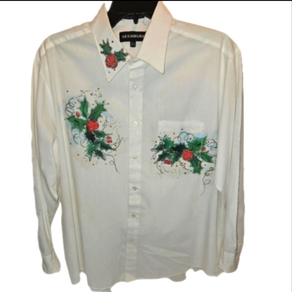 Handmade Holiday Handpainted White Long sleeve Bottoms downShirt green red berry